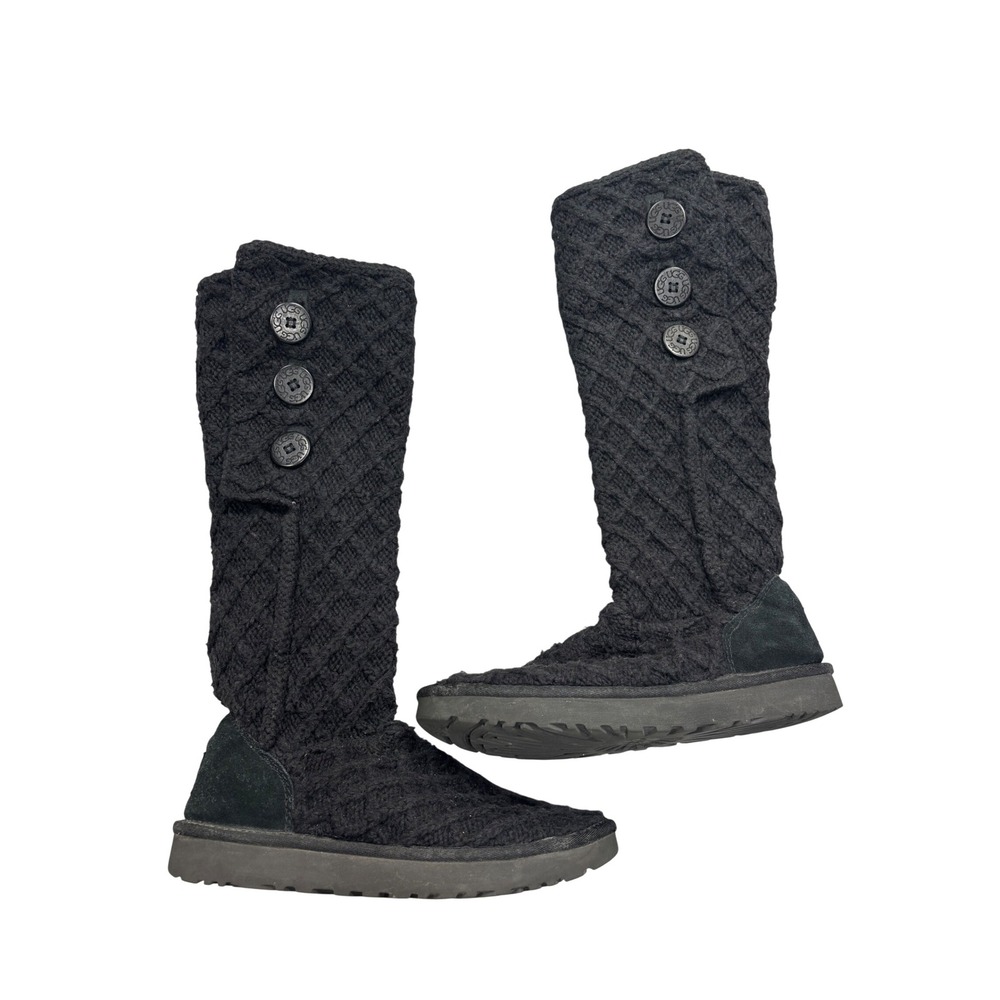 UGG Cardy Lattice Womens 9 Wool Black‎ Knit Button Tall Boots Classic Tall